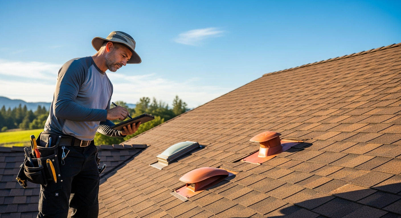 Professional roofer performing a careful inspection on a residential roof